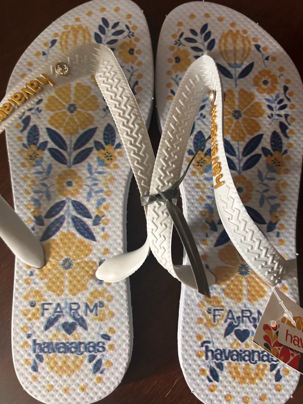 Havaianas Farm Rio - White Flip Flops with Yellow & Navy Floral Print - NWT